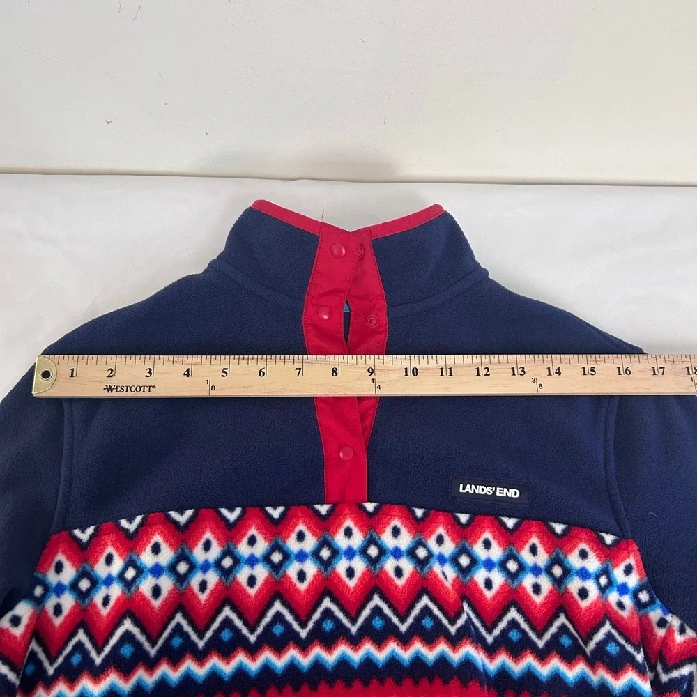 Lands End Fleece Pullover Kids S 6-8 Blue Red Fair‎ Isle Snap Neck Sweatshirt